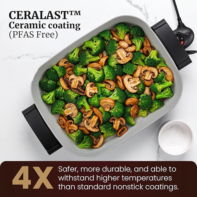 Elite Gourmet Stow-Away Ceramic Electric Skillet, 1500W, Black/Gray | PFAS-Free Ceralast Coating, Rapid Heat-Up, 15"x12"x3" Foldable Design, Dishwasher-Safe Pan & Lid, Large Size