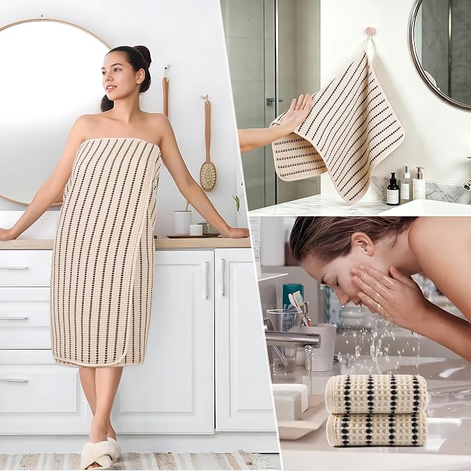 POLYTE 430 GSM Poly Blend Microfiber Quick Dry Waffle Bath Towel Set of 6 | 2-Body Towels, 2-Hand Towels, 2-Wash cloths, Oversize, Lint Free