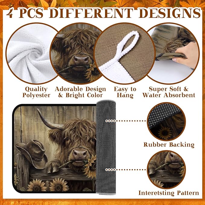 Fanfanwin 10 Pcs Fall Pumpkin Kitchen Decor Set Kitchen Towels Pot Holders Oven Mitts and Rugs Set Thanksgiving Towels for Baking Cooking BBQ Autumn Home (Brown,Cow Sunflower)