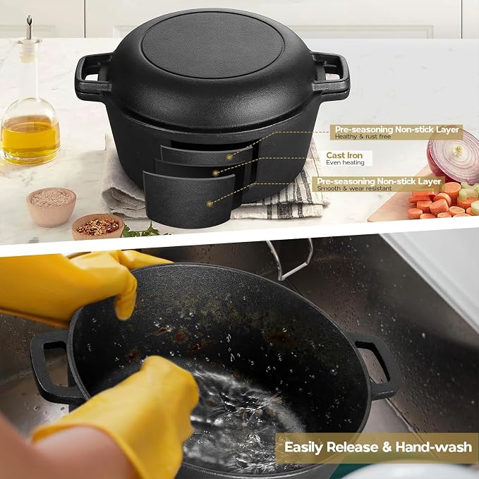 TeamFar 5qt Dutch Oven, Pre-seasoned Cast Iron for Bread Baking, Black | 2-in-1 Bread Pan with Skillet Lid, Oven & Stovetop Safe for Baking Frying Stewing Grilling, Home Use Or Outdoor Camping