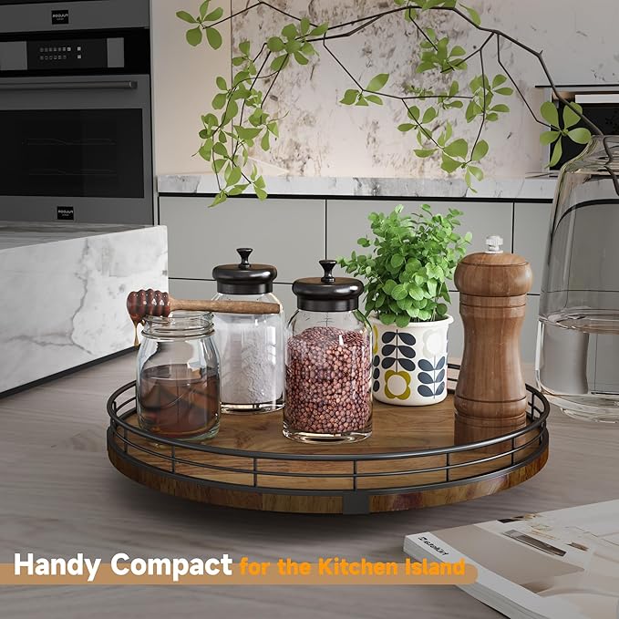 AMH 12-Inch Farmhouse Oak Lazy Susan Organizer, Walnut Finish | Smooth rotating oak tray with walnut finish for dining tables, kitchen counters, pantries and cabinet storage.
