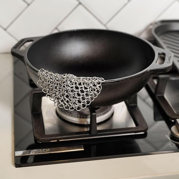 Cast Iron Cleaner, 7 Inches Stainless Steel Round Chainmail Scrubber For Cast Iron Pan Skillet, Wok, Pot, Pan; Pre-Seasoned Pan Dutch Ovens Waffle Iron Pans Scraper Cast