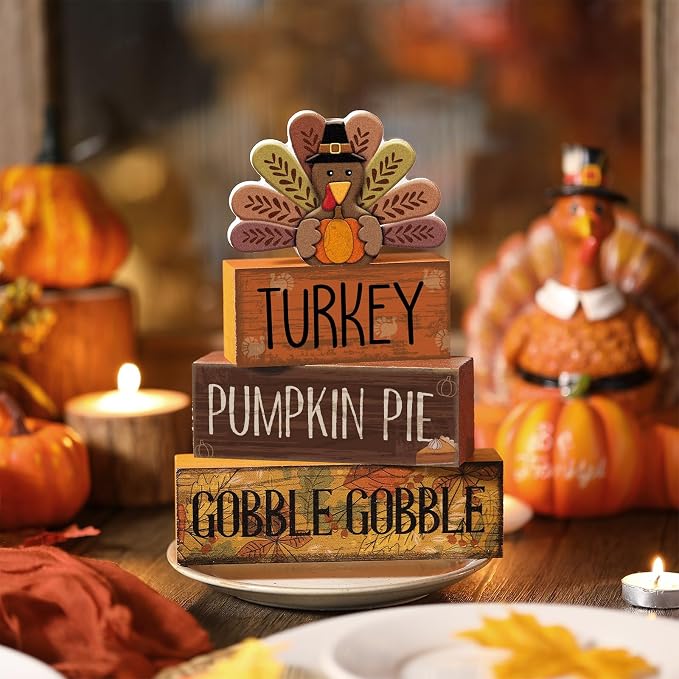 Lineshading 4 Pcs Thanksgiving Turkey Decor Wooden Fall Table Decorations | Rustic Block Signs with Turkey Pumpkin Pie Gobble Text, Autumn Harvest Table Centerpiece, Farmhouse Kitchen Shelf Decor