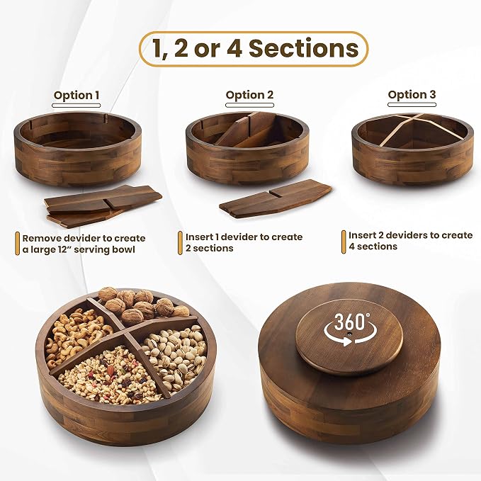 TIDITA 12" Wooden Lazy Susan Organizer with 4 Dividers, High Rim, Rotate | 360° Rotation, Acacia Wood, Non-Skid Pads, Removable Dividers, Wooden Round Serving Turntable for Tabletop, Multi-Use