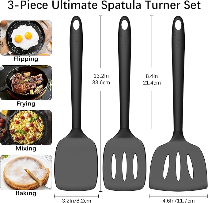 Coukre 3 Pack Silicone Spatula Set, Heat Resistant to 500°F, BPA-Free | Fish Spatula, Solid & Slotted Turners, Dishwasher Safe, Spatula Set for Eggs, Pancakes, Fish & Burgers, PureBlack