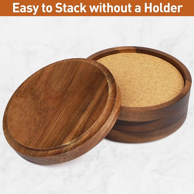 Stackable Wood Absorbent Cork Coaster Set of 4 for Drink, Home Decor | Stackable (Compact Design), 4.25 inch Large, Extra Thick, Absorbent Cork Coasters Set for Tabletop Protection
