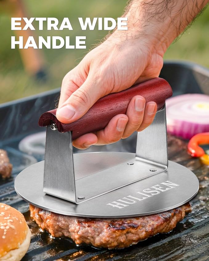HULISEN Stainless Steel Burger Press, 6.2-Inch Round Burger Smasher | Flat Edge, Heat-Resistant Wooden Handle, Even Pressure for Thin Patties, Griddle Accessories Fit Flat Top Griddles & Skillets