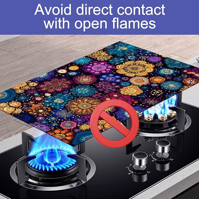 HOMETITUTE Stove Top Cover 28x20 Colorful Mandala Flower Heat Resistant Mat
