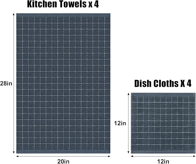 Homaxy Kitchen Towels and Dishcloths Set, Set of 10, Dark Grey | Bulk Cotton Terry Kitchen Towels, Checkered Designed, Soft and Super Absorbent Dish Towels, 12 x 12 and 13 x 28 Inches