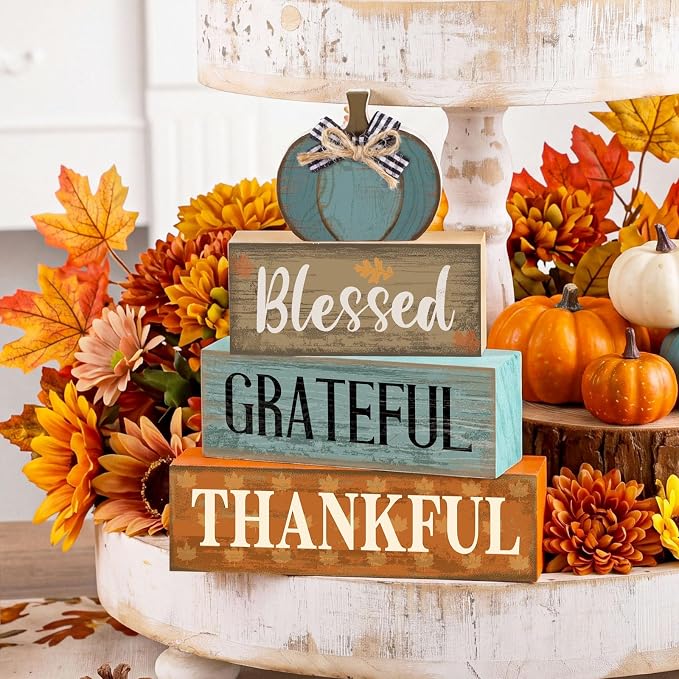 Lineshading 4 Pcs Farmhouse Block Signs Tiered Tray Decor Blue Pumpkin | Rustic Wooden Stacked Signs Blessed Grateful Thankful, Sunflower Pumpkin Topper, Tabletop Centerpiece for Fall Harvest