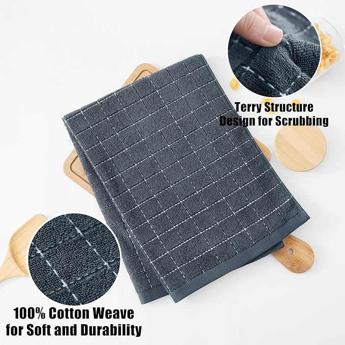 Homaxy Kitchen Towels and Dishcloths Set, Set of 10, Dark Grey | Bulk Cotton Terry Kitchen Towels, Checkered Designed, Soft and Super Absorbent Dish Towels, 12 x 12 and 13 x 28 Inches