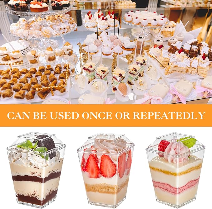 165 Pcs 5oz Clear Plastic Dessert Cups with Lids & Spoons – BPA-Free Mini Parfait & Pudding Cups, Disposable or Reusable Appetizer Containers