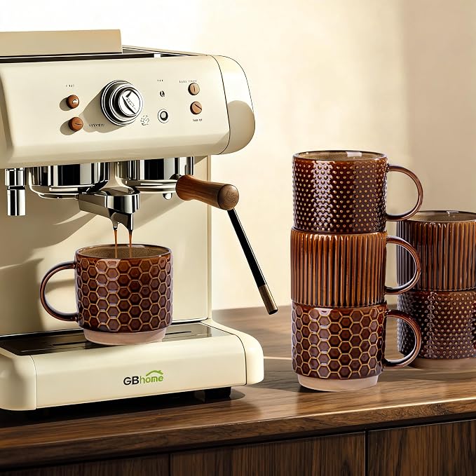 GBhome 12 OZ Stackable Coffee Mugs Set of 6, Ceramic Coffee Cups Set | 3 Assorted Designs, Embossed Mugs with Texture Patterns for Tea/Coffee, Dishwasher&Microwave Safe, Caramel