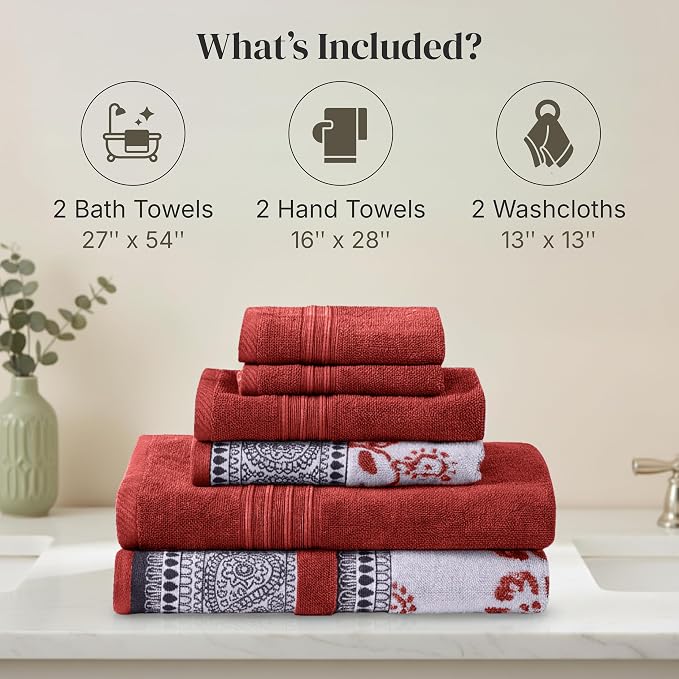 Modern Threads 6 Piece Bath Towel Set – Bathroom Set with 2 Bath Towels, 2 Hand Towels, and 2 Wash Cloths – 100% Cotton, Super Absorbent & Extra Soft – Reversible Floral Trail (Rust Orange)
