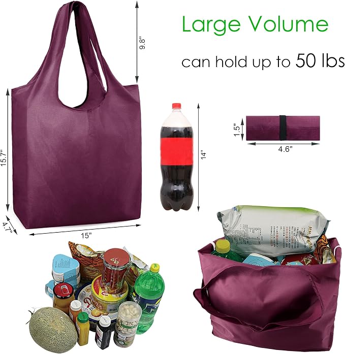 BeeGreen Burgundy Reusable Grocery Bags with Zipper Storage Pouch 10 Packs Wine Red Reusable Shopping Bags Bulk Foldable-Machine Washable