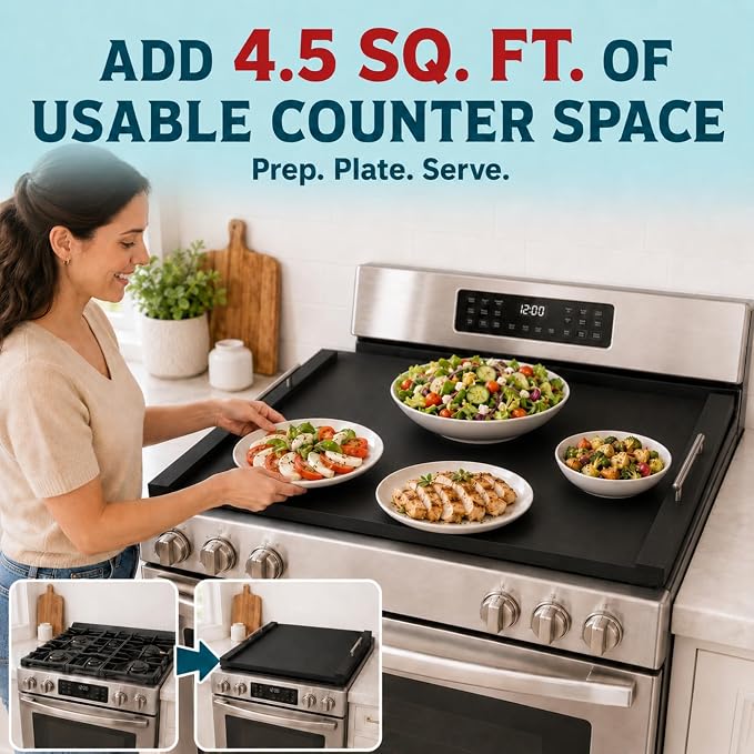 RVTHEUS® Noodle Board Stove Cover, 29.5x22", for Gas & Electric Stoves | Includes 3 Handle Pairs in Black, Gold & Silver, Stove Top Covers for Gas Burners, Stove Covers for Gas Stove Top