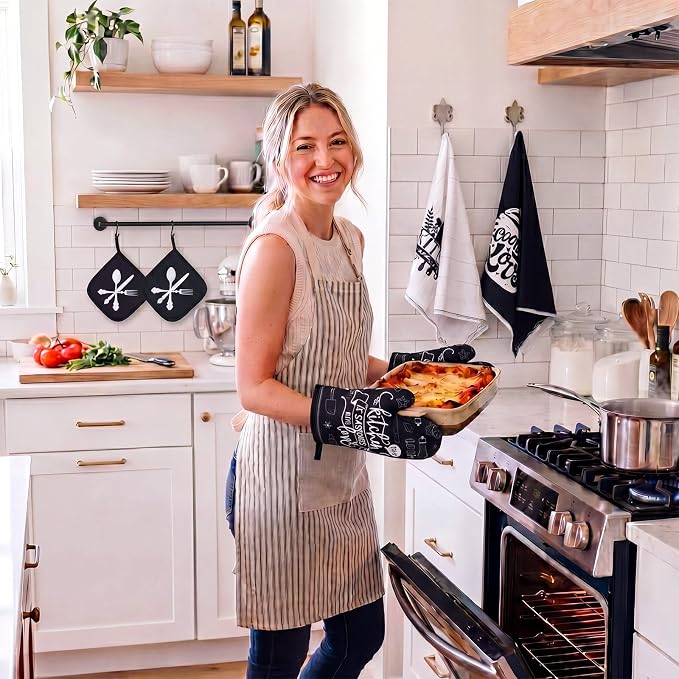 Leinuosen 8 Pcs Home Kitchen Towels and Dishcloths Sets Pot Holders and Oven Mitts Sets Absorbent Kitchen Gloves Potholders Heat Resistant for Chef Baking Cooking