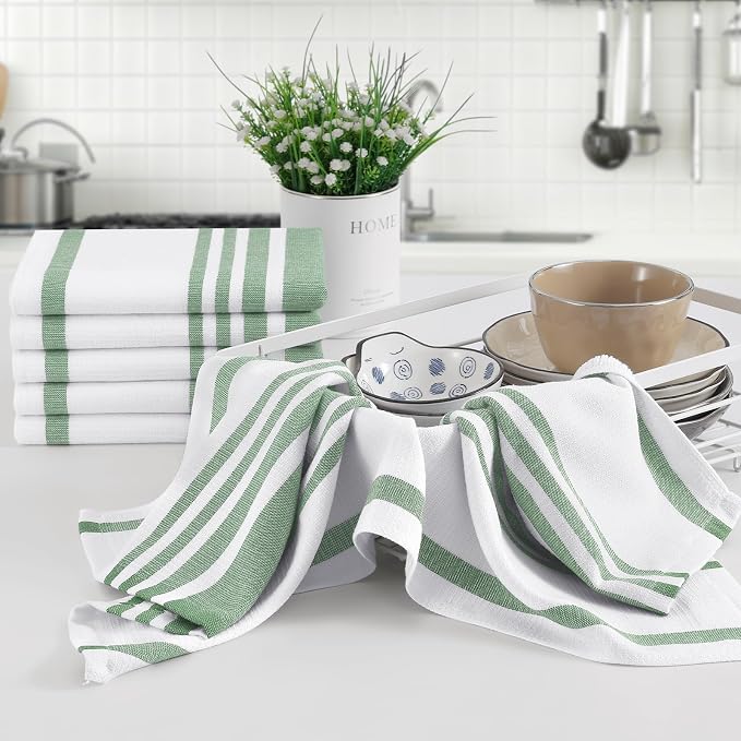 Homaxy Premium Cotton Stripe Kitchen Towels 8 Pack, 18"x 28", Grass Green | Large 380 GSM Kitchen Hand Towels, Soft Terry Dish Towels, Highly Absorbent Tea Towel Set with Hanging Loop