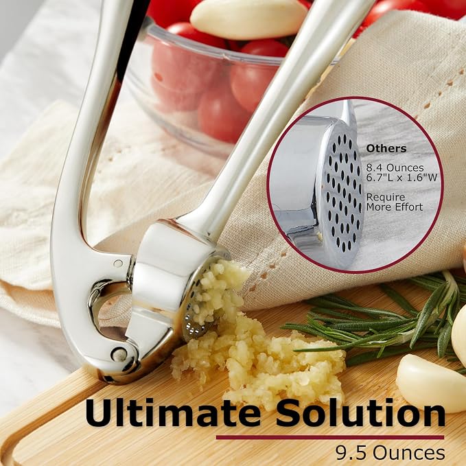 Kitessensu High Effective Garlic Press With Studs, Heavy Duty Garlic Mincer, Easy to Squeeze and Clean, Rust Proof, Ginger Crusher- Imperial Silver