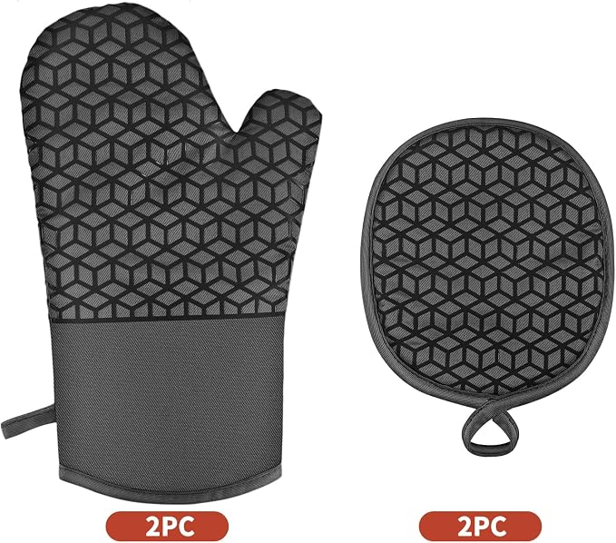 Oven Mitts and Pot Holders, 500°F Heat Resistant, Black | Oven Mitts Sets, Silicone Oven Gloves Featuring Non‑Slip Textured Grip, Perfect For Cooking, Baking and Grilling