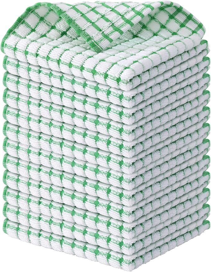 Kitinjoy Cotton 12 Pack Terry Kitchen Dish Cloths, Green | 12 x 12 Inches Super Soft and Absorbent Dish Rags, Quick Drying Dish towels for Washing Dishes
