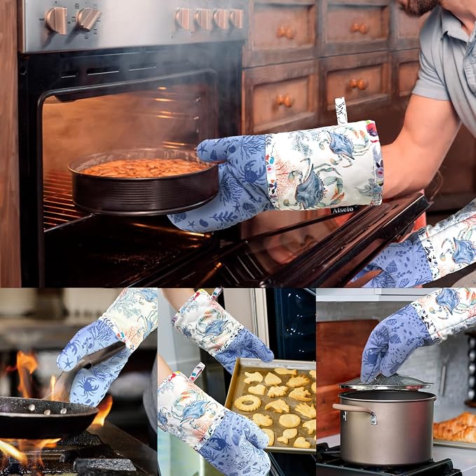 Alselo Oven Mitts 1 Pair, Silicone Printed Kitchen Mittens,7"x13.5" | Heat Resistant & Non-Slip Oven Gloves, Fashion Animal Design with Soft Quilted Cotton Lining for Baking Cooking BBQ (Lilac 2)