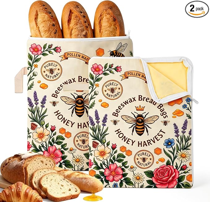 2 Pack Reusable Beeswax Bread Bags for Homemade Sourdough, 13"x17" Organic Linen & Cotton Bread Storage Bag with Zip Seal, Natural Beeswax Coating Keeps Bread Fresh Longer – Freezer Safe & Portable