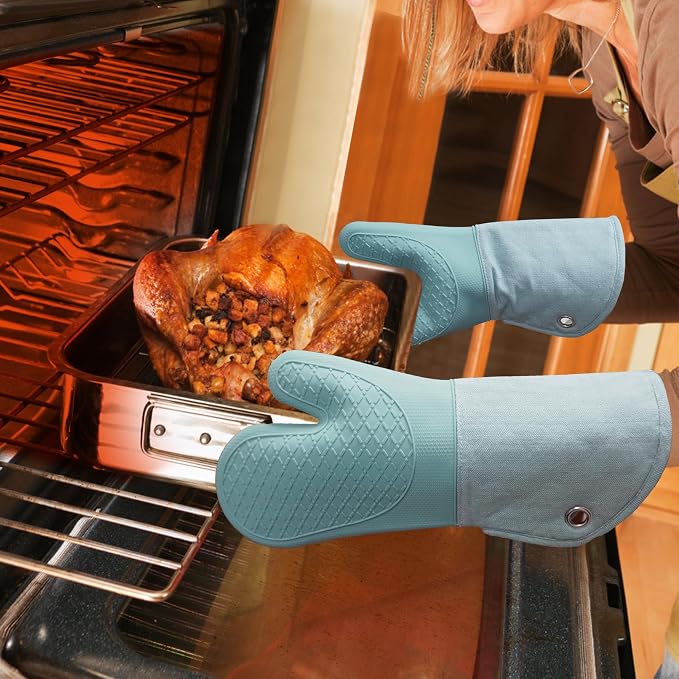 Professional Microwave Silicone Oven Mitts one Pair, Kitchen Mitten Set | Heat Resistant with 500 Degrees Oven Gloves Pot Holder for BBQ Cooking Baking (Light Blue)