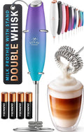 Zulay Kitchen Powerful Milk Frother Wand With Duracell Batteries - Ultra Fast Handheld Drink Mixer - Electric Whisk Foam Maker for Coffee, Lattes, Cappuccino & Matcha - Double Whisk - Purple Teal Fade