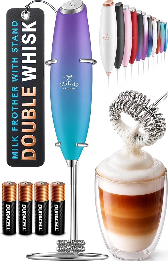 Zulay Kitchen Powerful Milk Frother Wand With Duracell Batteries - Ultra Fast Handheld Drink Mixer - Electric Whisk Foam Maker for Coffee, Lattes, Cappuccino & Matcha - Double Whisk - Purple Teal Fade