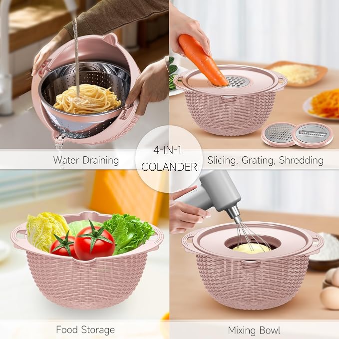 4-1 Colander with Bowl & Spoons Set - Food Strainer with New Upgraded Graters & Spoons - Colanders for kitchen(Patented) - Strainer for Fruit Pasta Veggie, Funny Presents for Women, Pink