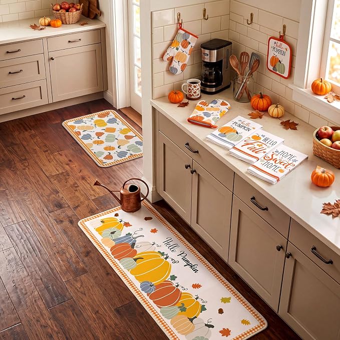 Fanfanwin 12 Pcs Fall Kitchen Decor and Accessories Set 6 Kitchen Towels 2 Pot Holders and Oven Mitts 2 Rugs Thanksgiving Towels for Baking Cooking BBQ Autumn Housewarming Gifts