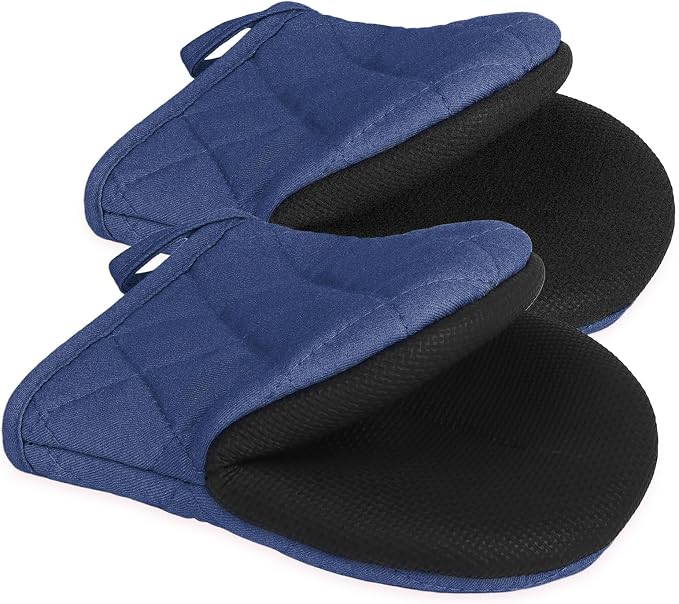 Goldmeet Mini Oven Mitts 2-Pack, 7"x5.5", 500°F Silicone Grip, Denim Blue | Non-Slip, Heat Resistant, Machine Washable, Hanging Loop, Fits Small Hands, for Baking Grilling BBQ Cooking