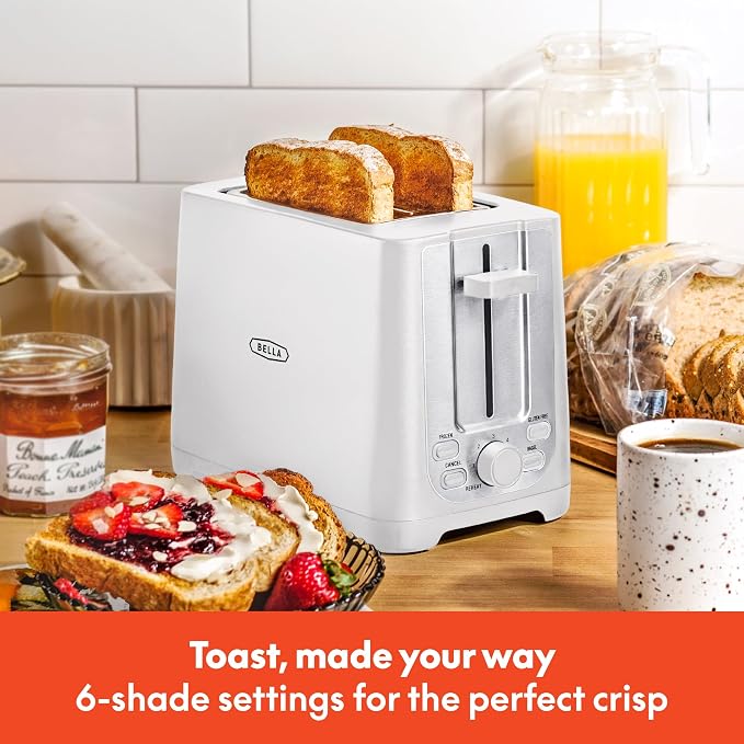 bella 2 Slice Toaster, Extra Wide Slots & Removable Crumb Tray, White