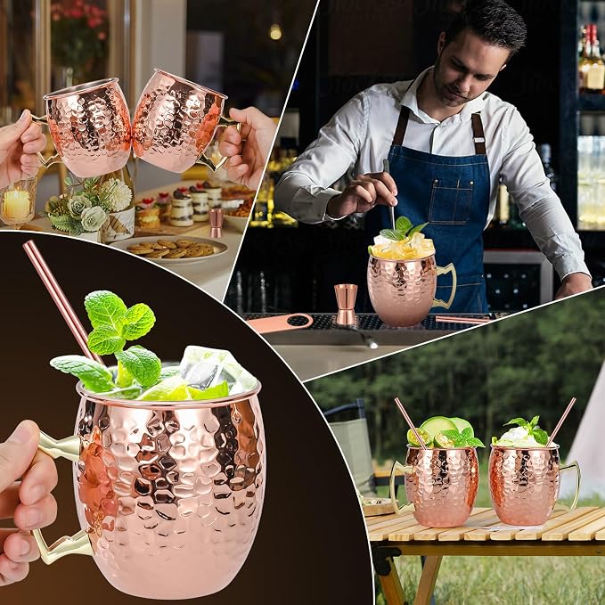 Amrules 4 Pcs 16oz Moscow Mule Mugs Hammered with Bar Accessories | 304 Stainless Steel Lining, Hammered Finish, Firm Handle, Include Straws, Opener & Jigger, for Cocktails, Wine, Beer & Party