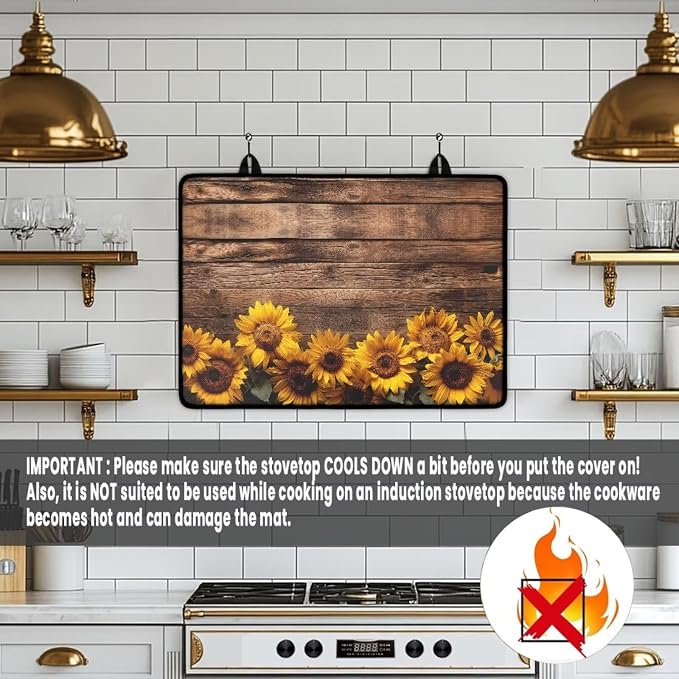 Vintage Sunflower Plank Print Stove Top Covers for Electric Stove Stain Resistant Cooktop Cover 29.18 x 20.96 inch Stovetop Protector Pad Coffee Machine Mat for Flat RV Range