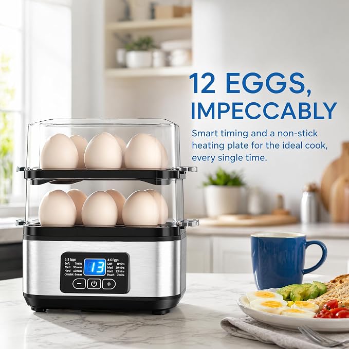 Tesslux Egg Cooker, Dual Layer 12 Egg Boiler, Soft Hard Poached, Silver | LED Countdown Timer, Touch Control, Poaching Bowl, Omelet Maker, Two Trays, Vegetable Steamer, Auto Shut-Off, Buzzer Alert