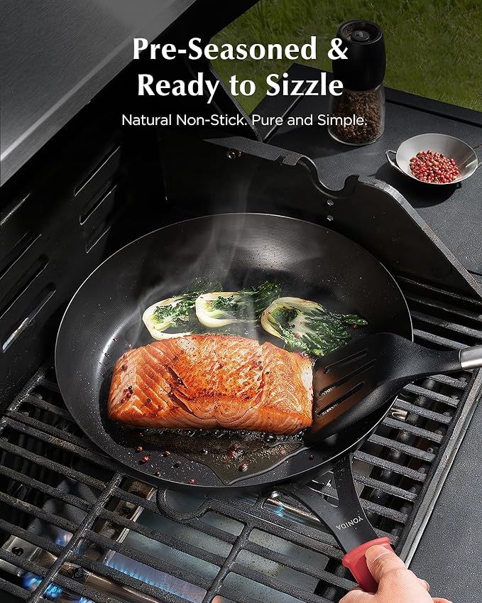Carbon Steel Pan, 10 Inch Nonstick Frying Pan Skillet | Pre-Seasoned Carbon Steel Cookware with Removable Silicone Handle Holder, Indoor/Outdoor, Induction & Oven Safe