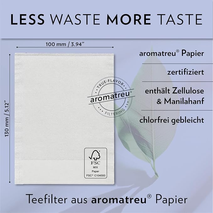 Finum Disposable Paper Tea Filter Bags for Loose Tea, White, Medium, 100 Count