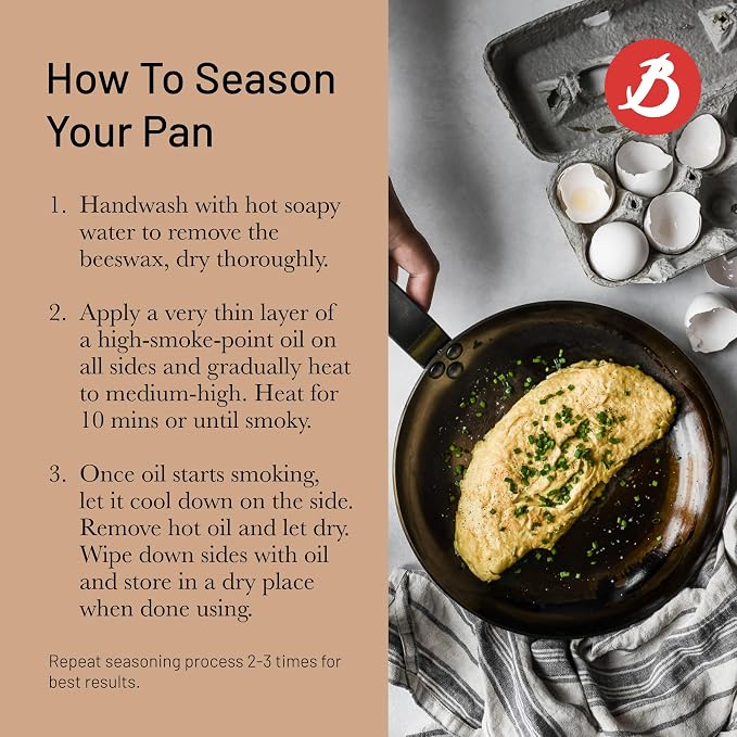 de Buyer MINERAL B Carbon Steel Fry Pan - 10.25” Diameter, 7.3” Cooking Surface - Ideal for Searing, Sauteing & Reheating - Naturally Non-Stick Finish - Made in France