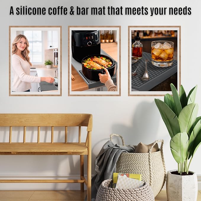 Bar & Coffee Mat For Countertop With "Edge Protection" – Espresso Tamping Mat – Bar Mats for Countertop & Silicone Heat Resistant Mat – Non-Slip & BPA-Free Food Grade – 16"(Front) x 24"(Length), Gray