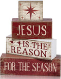 Lineshading 4 Pcs Christmas Farmhouse Wooden Block Signs Jesus Tiered Tray | Rustic Distressed Wood, Stackable for Tiered Shelf Mantel Tabletop, Christmas Seasonal Home Decor, Farmhouse Gift