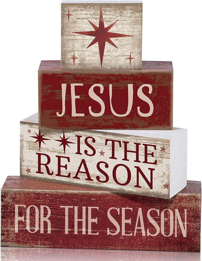 Lineshading 4 Pcs Christmas Farmhouse Wooden Block Signs Jesus Tiered Tray | Rustic Distressed Wood, Stackable for Tiered Shelf Mantel Tabletop, Christmas Seasonal Home Decor, Farmhouse Gift