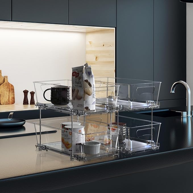Simple Houseware 2Pcs 2-Tier Slim Drawer Cabinet Pull-Out Organizer, Clear