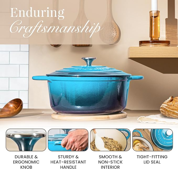 Cast Iron Dutch Oven with Lid - Non-Stick Ovenproof Enamelled Casserole Pot - Sturdy Dutch Oven Cookware - Blue, 7.3- Quart, 30cm- by Nuovva