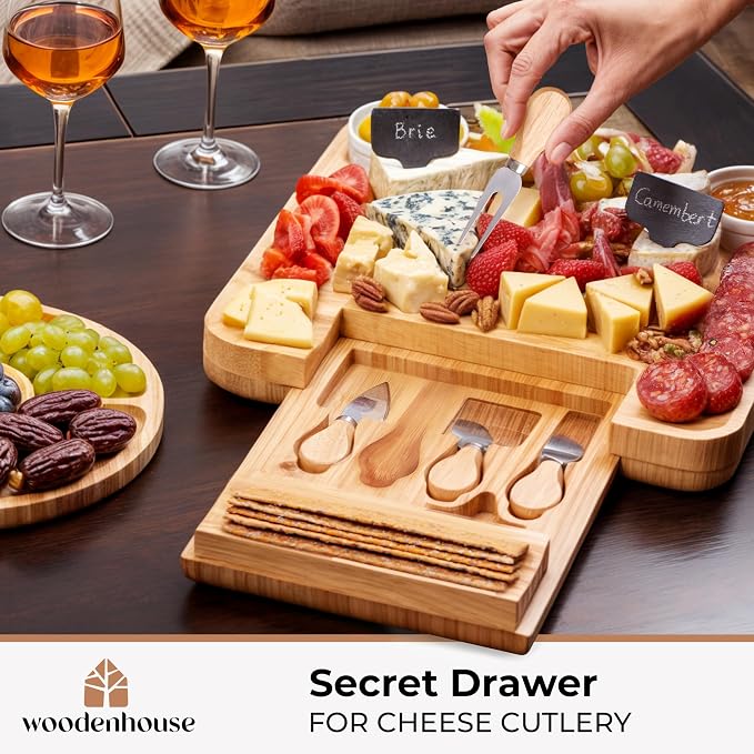 Bamboo Charcuterie Boards Gift Set - Meat and Cheese Tray with Utensils | Fruit Server & 2 Sauce Bowls Included – House Warming, Wedding & New Home Present