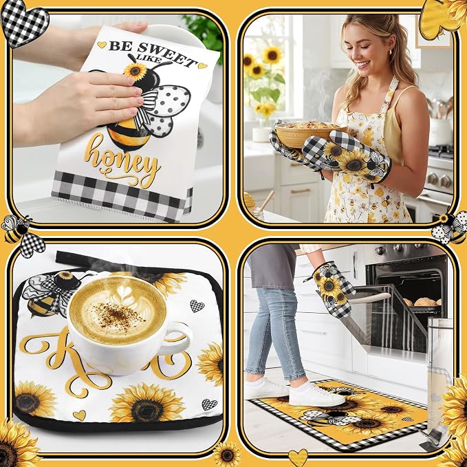Fourluoo 10 Pcs Bee Kitchen Decor Set Kitchen Towels Rugs Oven Mitts and Pot Holders for Bee Festival Cooking Baking Grilling Gift