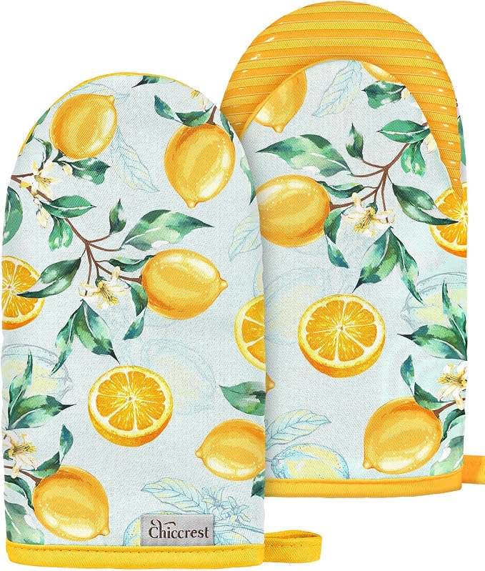 100% Thick Cotton Mini Oven Mitts Silicone Grip Stylish Lemon | Girly Cute Oven Mitts for Women, Machine Washable, Non-Slip, Reversible Design Fits Both Hands, Stylish Kitchen Decor