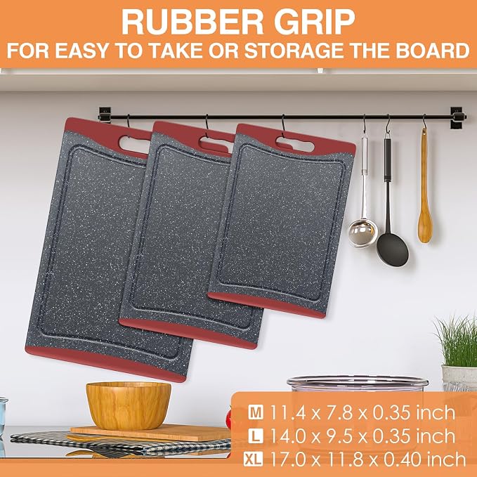 Extra Large Cutting Boards, Plastic Cutting Boards for Kitchen (Set of 3) Cutting Board Set Dishwasher Chopping Board with Juice Grooves Easy-Grip Handles, Red, Empune