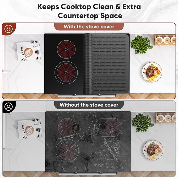 Stove Top Covers for Electric Stove, Glass Cooktop Protector 28''L x 20''W | Waterproof Foldable Anti-Slip Heat Resistant Induction Silicone Stove Mat, Camper RV Stovetop Cover, Kitchen Dish Drying Mat